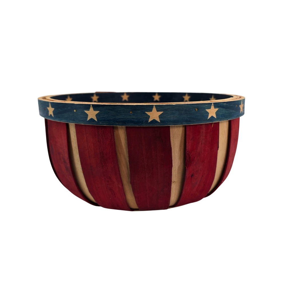 Patriotic American Flag Wooden Splint Basket Bowl Stars and Stripes Americana